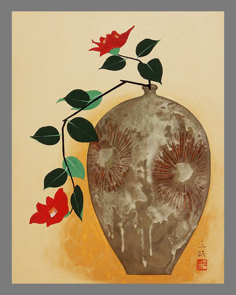 [Authentic work] ■Misuzu Kodama■Large colored paper frame with flower diagram in a bottle■Comes with a seal ■Handwritten ■Framed■Still life painting■Japanese painting■, painting, Japanese painting, flowers and birds, birds and beasts