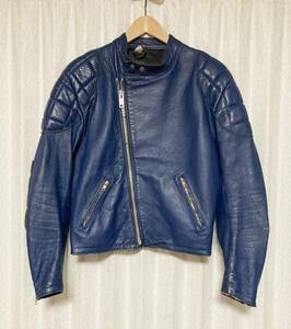 [70s TT LEATHERS] パテッド セミダブルライダース カラーレザージャケット 38 ブルー 本革 70年代 ティーティーレザーズ