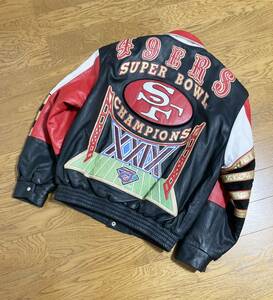 [90s JEFF HAMILTON] NFL 49ERS XXIX CHAMPIONS 1995 優勝記念 オールレザースタジャン レザージャケット L 本革 USA製 ジェフハミルトン