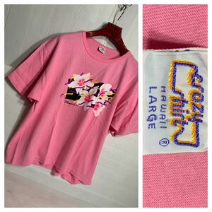 80'sヴィンテージ　crazy shirt HAWAII クレイジーシャツ　USA製　Plumeria プルメリア　フラワー　花柄　半袖　Tシャツ　L ピンク