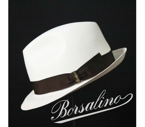 新品タグ付き【Borsalino ボルサリーノ 】高級ファイン パナマハット 麦わら帽子 ショートブリム 白 58 v854