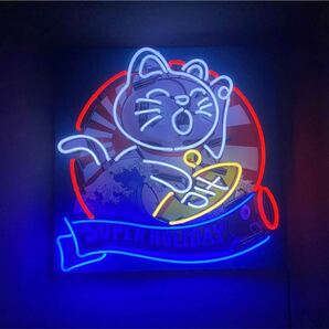 ネオンサイン 招き猫 オーダーメイド　SUPER HOILDAY 喫茶店 猫 ネオン管 完成品 看板