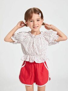 SHEIN 女の子幼児 水玉模様 フリルトリム ペプラムトップ ＆ ショートパンツセット