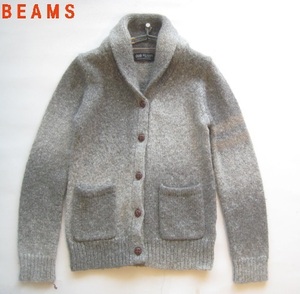  beautiful goods!! Beams BEAMS*... button shawl neck wool knitted cardigan lady's M gray × tea 