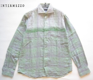 美品!!インターメッツォ INTERMEZZO*胸ポケット付き チェック柄コットンダブルガーゼシャツ L 白×緑×グレー ダーバン D'URBAN