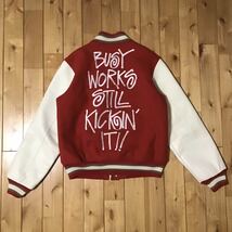 STUSSY × BAPE 袖レザー スタジャン Mサイズ Red a bathing ape BAPE leather varsity jacket エイプ ベイプ アベイシングエイプ sa8665_画像3