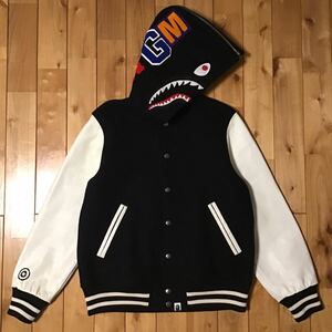 ★青山限定★ 袖レザー shark hoodie varsity jacket Mサイズ black a bathing ape BAPE シャーク パーカー スタジャン エイプ ベイプ w305