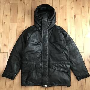 BAPE 牛革 スノボ ダウンジャケット Sサイズ black a bathing ape BAPE cowhide leather hoodie down jacket エイプ ベイプ レザー w33