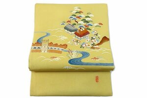 【送料無料】未使用品 名古屋帯 塩瀬 芥子色　黄色　茶屋辻　風景 カジュアル おしゃれ 着物 仕立て上がり 正絹　m-4189