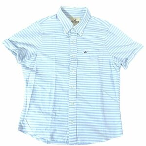 ★【ホリスター(Hollister )】メンズ 半袖 ボーダー柄 ボタンダウン シャツ （青） (白) M 《美品》送料185円 〈半袖シャツ・メンズ・[M]〉