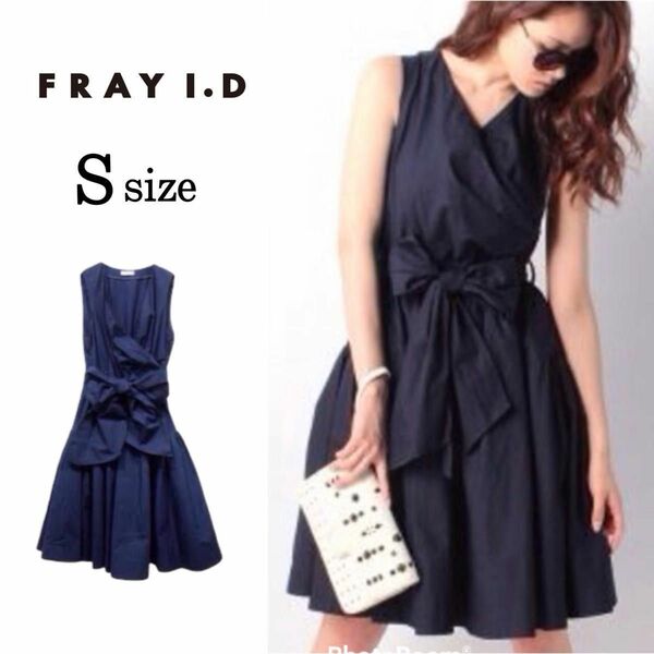 FRAY I.D フレイアイディー　カシュクールワンピース　リボン　ノースリーブ　Aライン　フレア　ひざ丈　ネイビー　Sサイズ