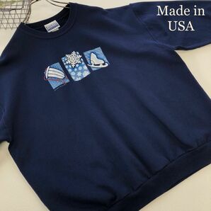 【ENDRESS designs】【Made in USA】ウィンタープリント 長袖 スウェット XL アメリカ古着 ネイビー
