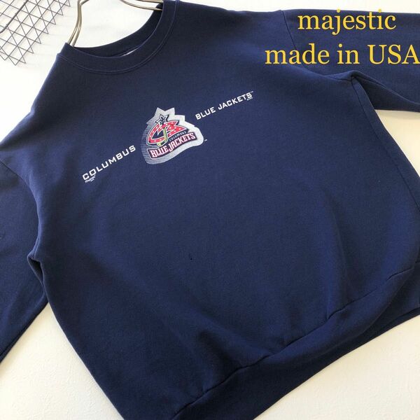 【majestic】【Made in USA】NHL コロンバスブルージャケッツ プリント 長袖 スウェット L アメリカ古着