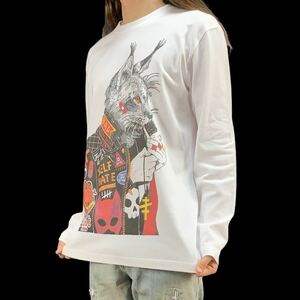 新品 ビッグ プリント パンク ライダース ドクロ ねこ 山猫 ロンT 長袖 Tシャツ XS S M L XL ビッグ オーバー サイズ XXL~4XL パーカー 可