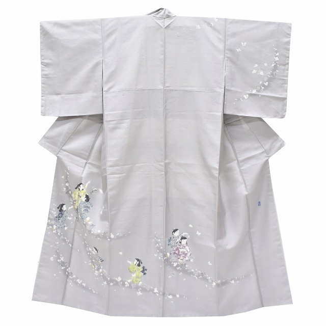加賀風の花模様・白山紬・ブルー訪問着・美品・作家「峰山」印 Q-10