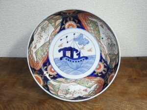 古伊万里　色絵　波千鳥　帆船　花の図　大鉢　平鉢　NO.C6-4119