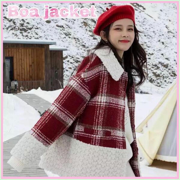 75パーセントOFF 韓国ブランド 赤チェック柄のボアジャケット 韓国 ファッション