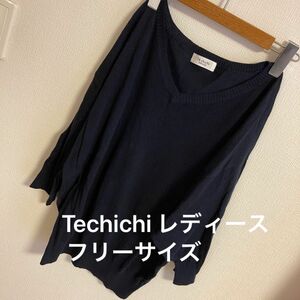 Techichi テチチ ニットプルオーバー Vネック ネイビー ドルマン キレイめ トップス シンプル 無地 