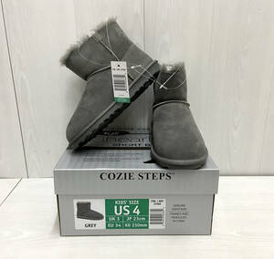 新品 23cm ★ コストコ ムートンブーツ グレー キッズ ショート COZIE STEPS 羊革 灰色 US-4 UK-3 SHORT SHEARLING BOOT 23.0 22.5