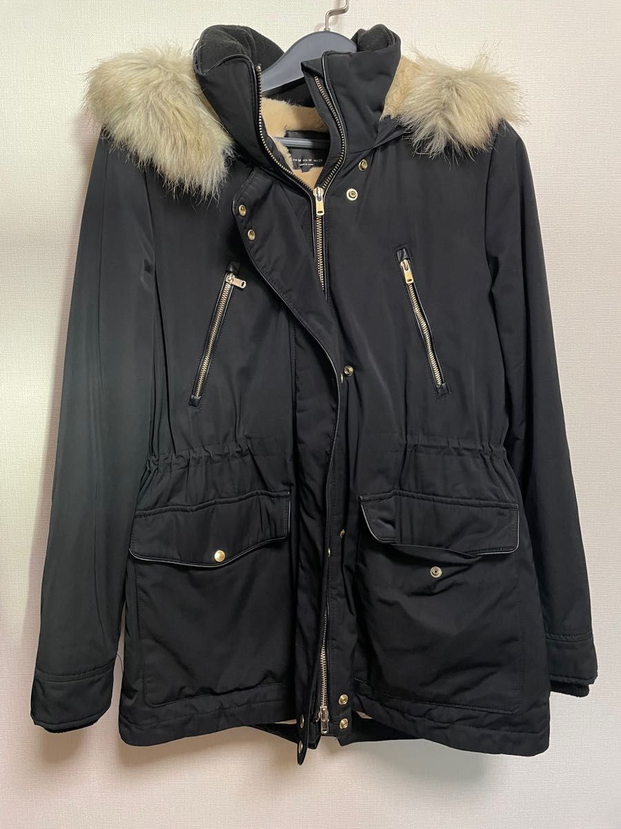 ZARA美品✨️ファー付きモッズコート 厚手 ボア裏地 モコモコ Mサイズ 黒 ZARA》ザラベーシック レディース モッズコート アウター コート
