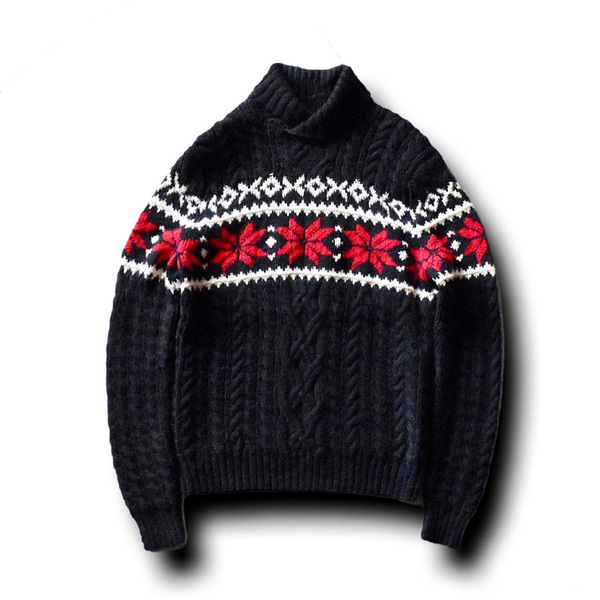 Polo by RalphLauren ショールカラー 雪柄 ウールセーター HAND KNIT 表記L 黒 / ケーブル編み ラルフローレン ビンテージ 古着 90s RRL