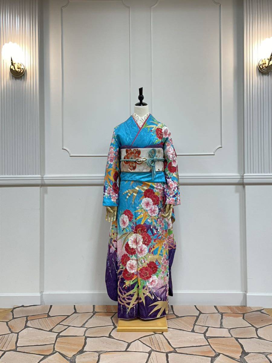 トップ 本振袖 正絹 紫 Lサイズ 桜 着物 梅 ピンク 雪輪紋 桜花紋 美品