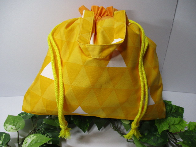 Japanese pattern, demon scale pattern, triangular pattern, yellow, white, for going out, handheld, drawstring bag, multi-purpose bag, original design, new, unused, see photo for details, KM-79, sewing, embroidery, Finished Product, others