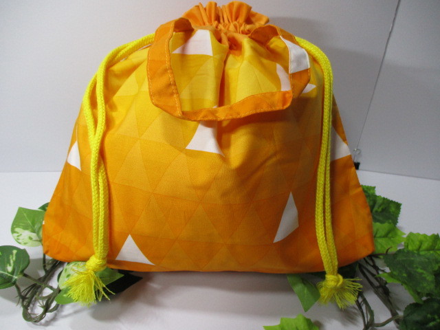 Japanese pattern, demon scale pattern, triangular pattern, yellow, white, for going out, handheld, drawstring bag, multi-purpose bag, original design, new, unused, see photo for details, KM-80, sewing, embroidery, Finished Product, others