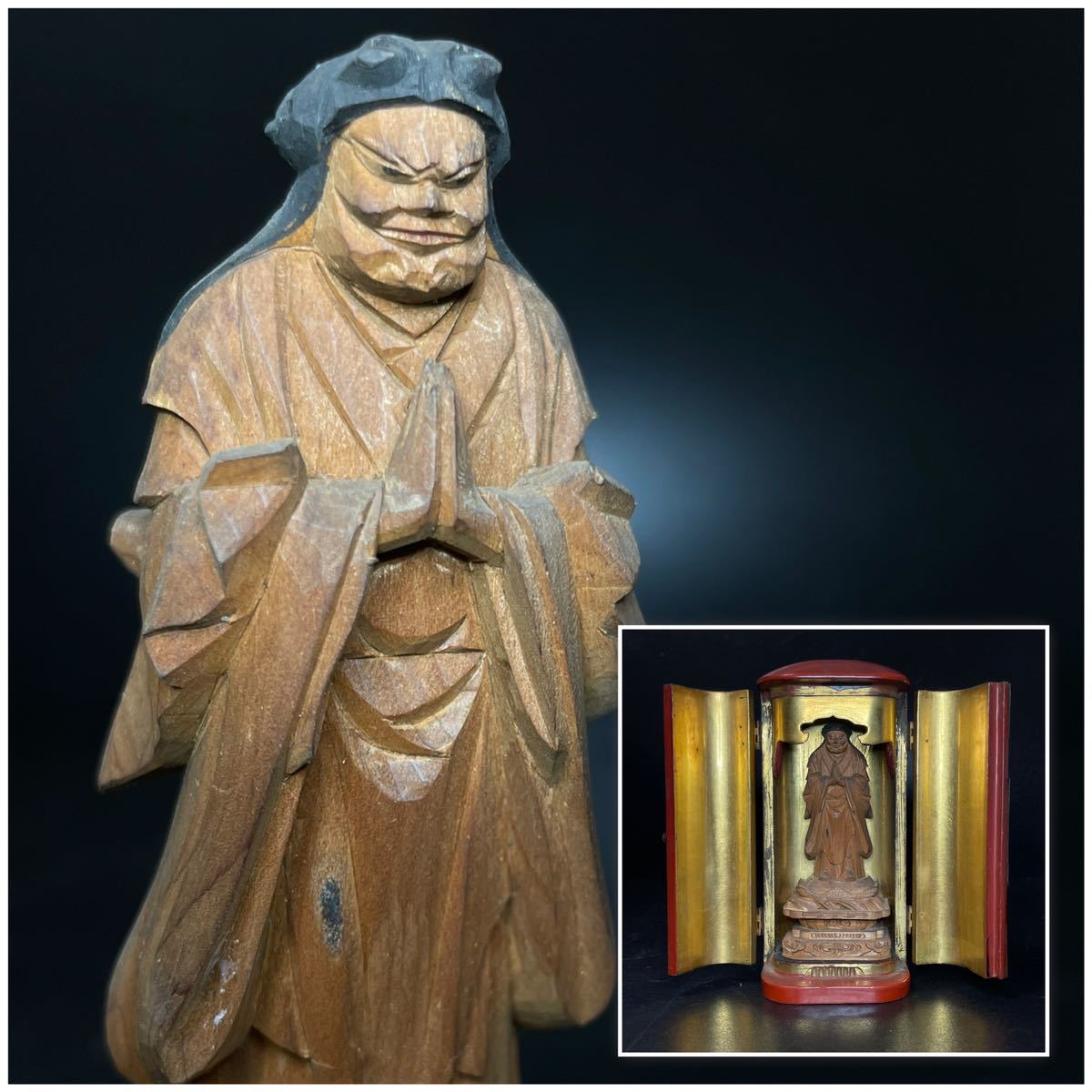 江戸初期　木彫 仏像 立像 置物 オブジェ 仏教美術 観音開き ケース付 彫刻/オブジェクト 【高知インター店】