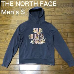 【送料無料】THE NORTH FACEプリントスウェットパーカーグレー　メンズSサイズ　USA古着ザノースフェイス