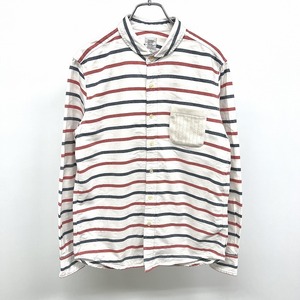 graniph グラニフ S メンズ 平織りシャツ ボーダー 浅襟 ラウンドカラー 長袖 胸ポケット 綿100% ホワイト×ネイビー×レッド 白×紺×赤