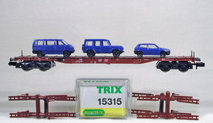 MINITRIX #15315 ＤＢ-ＡＧ（ドイツ鉄道）支柱付きボギー大物車　災害救援隊車輌（？）３輌搭載