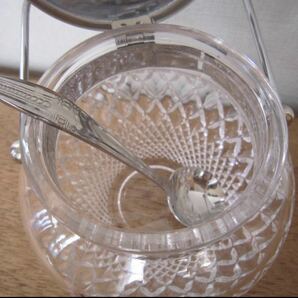 未使用 昭和 レトロ カメイガラス シュガーポット 砂糖入れ スプーン付き カットガラス の画像4