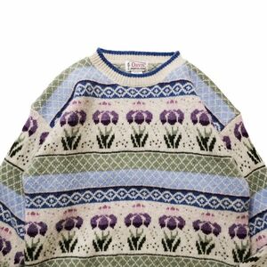 90's Orbis ORVIS total pattern crew neck wool sweater floral print (L) lady's 90 period old clothes Vintage old tag Old outdoor 