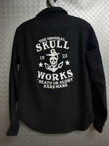 アメカジバイカースタイルSKULLWORKSブラックフェルトスカルステンシルデザインシャツ