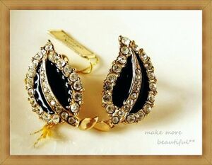 * unused tag attaching *George Noir/ Georges noire * shines rhinestone * lustre black × Gold. leaf / leaf earrings *64.