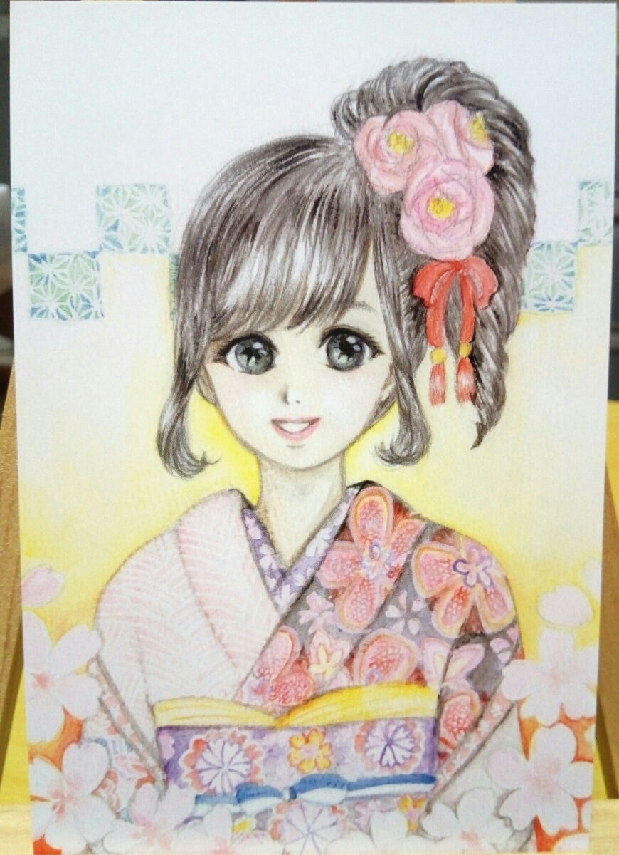 Original Hand-Drawn artwork illustration postcard kimono Japanese clothing girl watercolor painting reproduction [Shizuka Aoki], comics, anime goods, hand drawn illustration