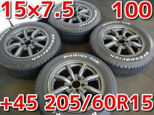 センターキャップ付き!ワタナベ８スポーク♪15×7.5J PCD100 5H+45ハブ65♪BFGoodrich(ホワイトレター)Radial T/A♪205/60R15 90S♪R501SS5