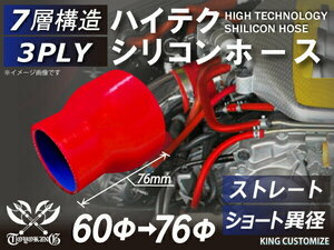 【14周年還元セール】TOYOKINGシリコンホースストレート ショート 異径 内径Φ60→76mm 赤色 ロゴマーク無 汎用品