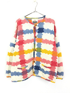  lady's old clothes 90sboli Via made colorful .. check cotton knitted cardigan jacket XL rank old clothes 