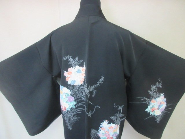 着物 黒 羽織り 道中着 正絹 未使用しつけ付き 美品 桜染め刺繍 紋無し