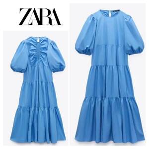 zara ポプリンパネルワンピース M ブルー　水色 230129