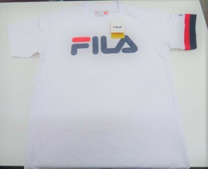 [b023] 未使用 タグ付き FILA フィラ 赤 紺 左袖ライン入り Lサイズ Tシャツ 半袖 白 FILAロゴ ニッキー株式会社