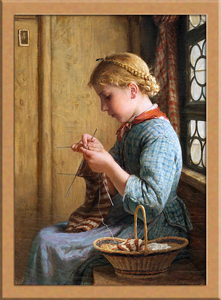 編み物をする娘 A4 スイス, 絵画, 油彩, 人物画