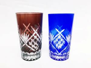 切子グラス 2客セット 2客 色違い ブルー 青色 ブラウン 茶色 カットガラス 工芸ガラス 冷酒 フリーカップ グラス ガラス 硝子 