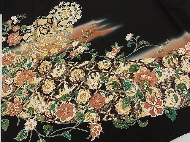 作家物 刺繍 黒留 着物 鳳凰 花 曇 松 家紋あり 九に蔦 inficaldas.gov.co