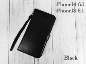 iPhone14 6.1 iPhone 13 6.1 手帳型ケース レザー 革 レザーケース ストラップ 液晶フィルム フォトフレーム　ブラック　2
