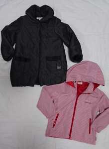 110 size girl 3can4on pocket ribbon ... down manner coat & Tinkerbell hood removal possible check jacket blouson red set 