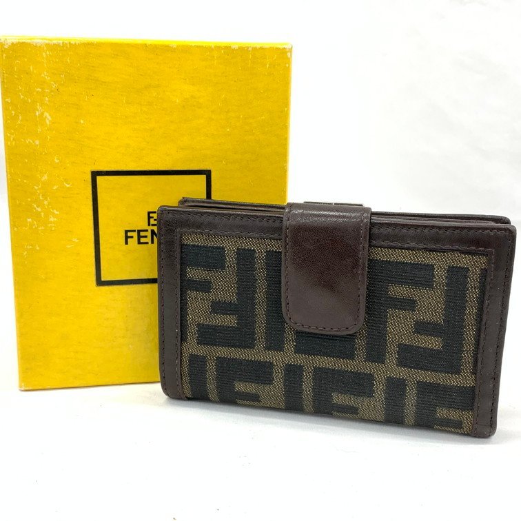 長財布未使用保管品 箱 袋付 フェンディ FF ズッカ 柄 レザー 二つ折り