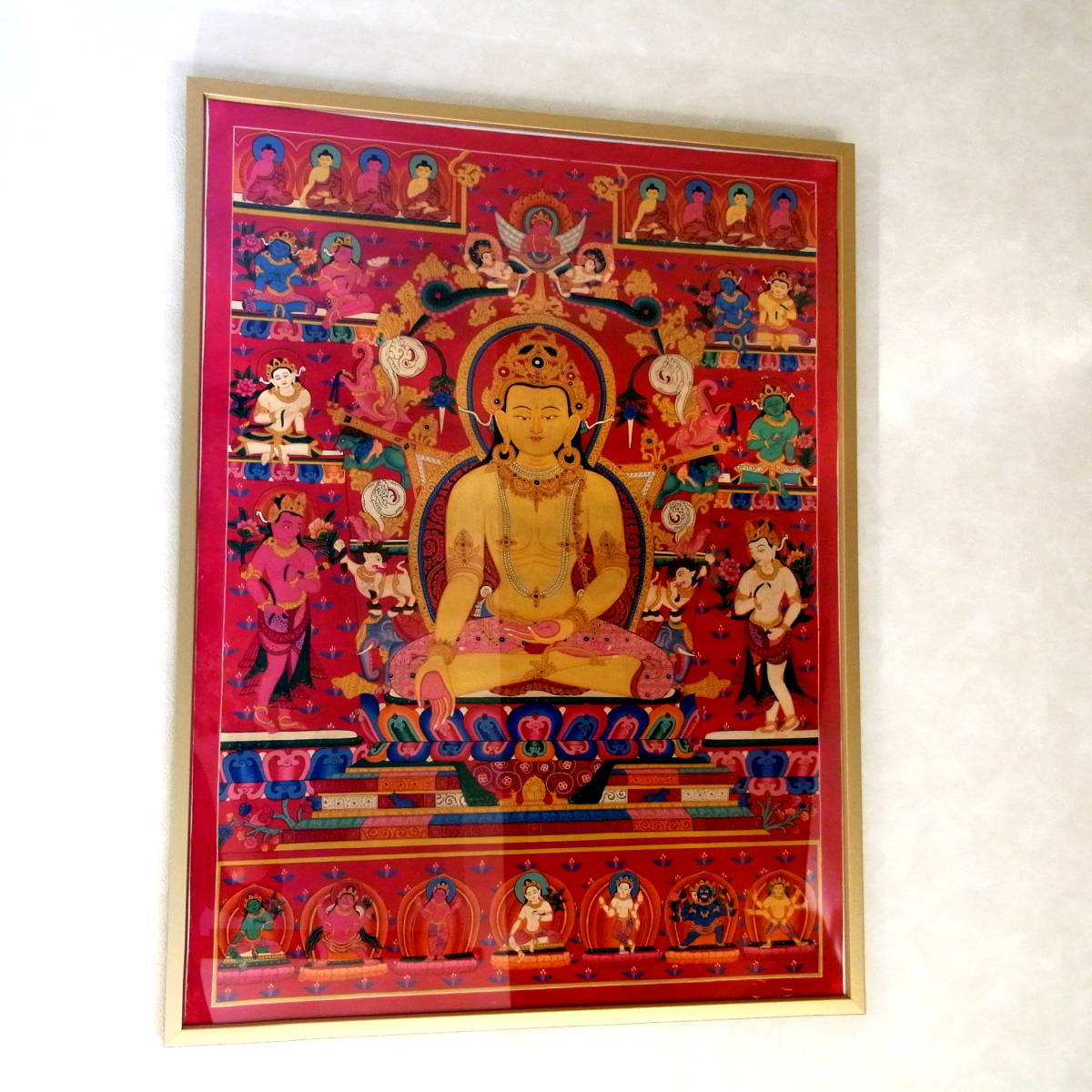 Framed Nepalese Mandala by Ratnasambhava, original hand-painted painting, one of a kind, Painting, Japanese painting, person, Bodhisattva